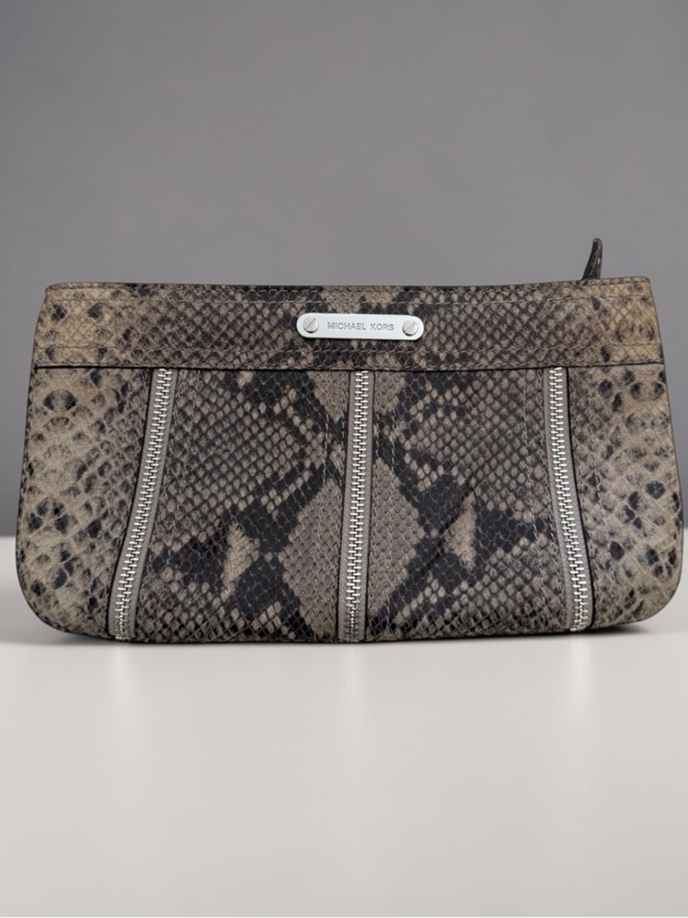 Michael Kors Moxley Python Snakeskin Embossed Leather Clutch Zip Front Detail